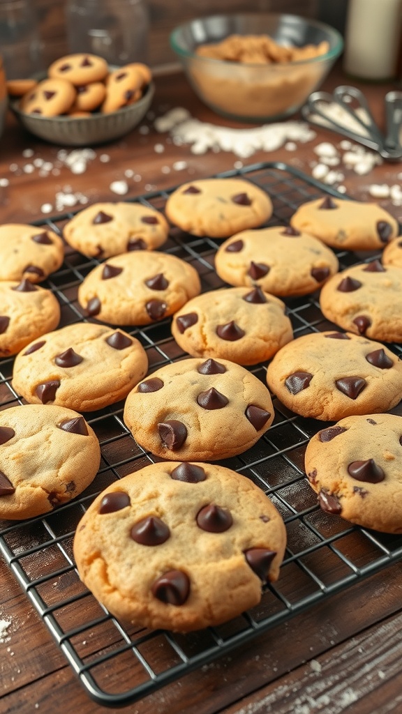 Quick and Easy Baking Recipes for Beginners A tray of warm chocolate chip cookies cooling on a rack in a cozy kitchen.